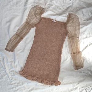 Smocked / shirred dress with long sleeved Cinched sheer mesh puff sleeves